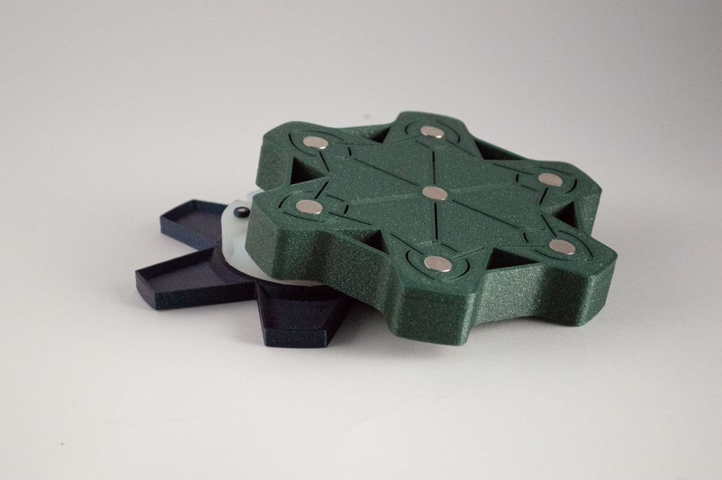 Grünes FswStudio-HEX-Case für 6 Fagottrohre, geschlossen, mit magnetischem sternförmigem Deckel.