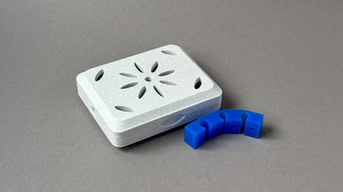 marble white handmade bassoon reed case for 3 reeds with blue silicone band