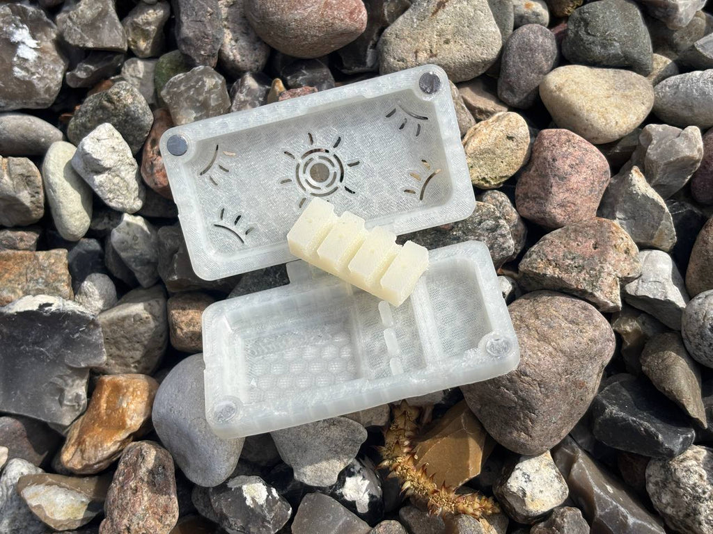 An open FswStudio Reed Case for 3 English Horn Reeds from the Sun series, handmade and translucent with a vented lid, sits on rocks displaying three rectangular, off-white reeds inside.
